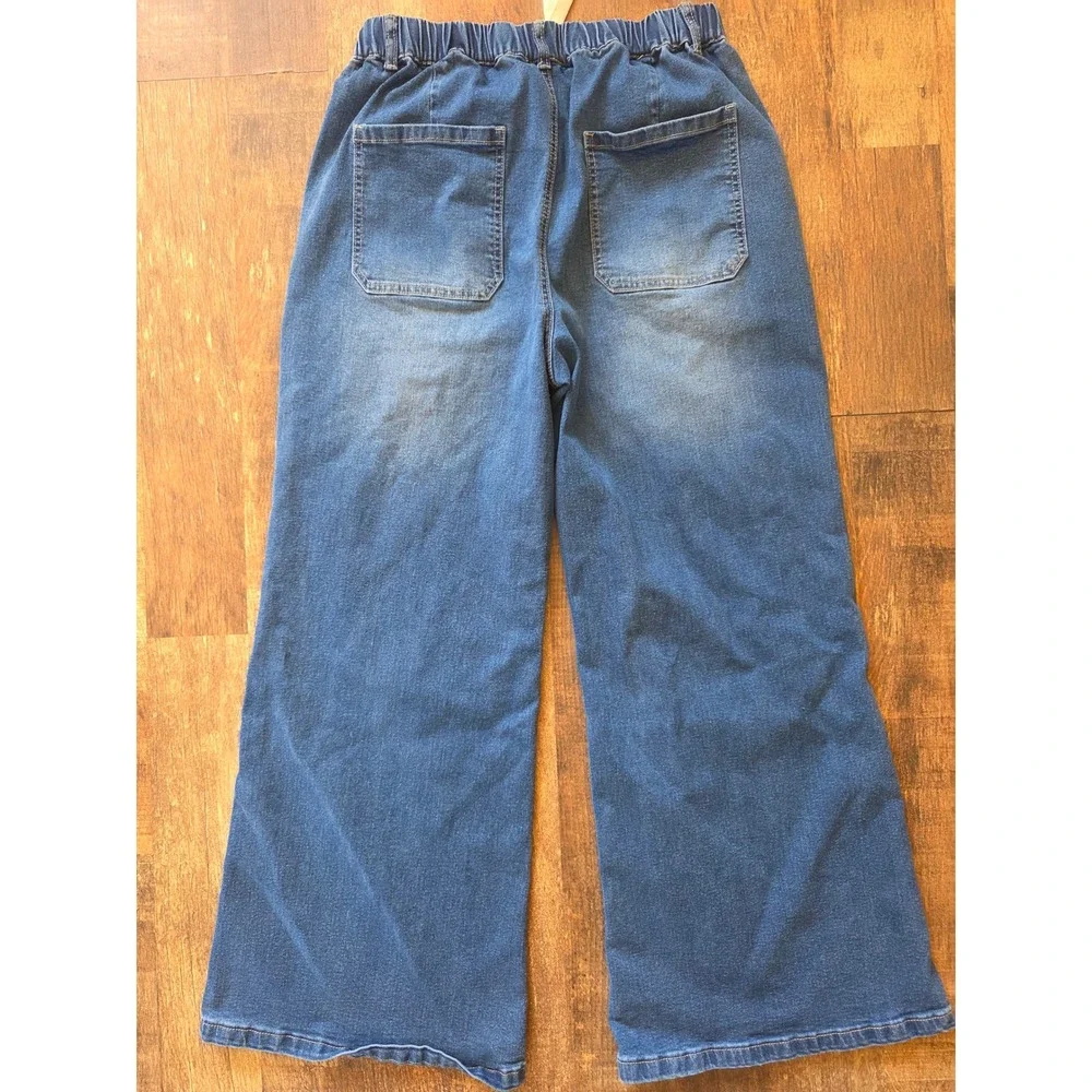 ZESICA Womens Wide Leg Drawstring Denim Pants Blue Elastic Waist Jeans Large - Picture 3 of 9